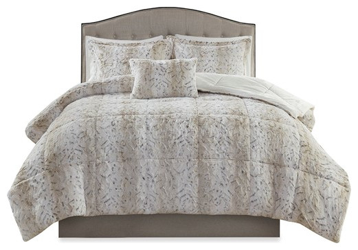 Madison Park Zuri Faux Fur Comforter Set Snow Leopard King, Grey Leopard Print King Size Bedding