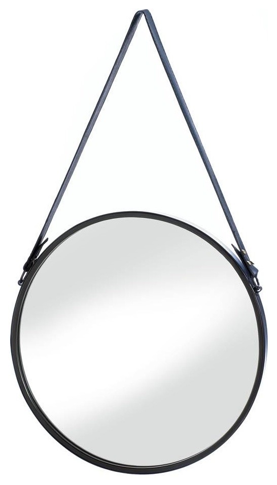 Iron Hanging Mirror With Faux Leather Strap Transitional Wall Hanging Mirror With Faux Leather Strap
