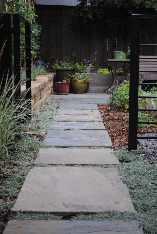 Kleiner, Halbschattiger Stilmix Gartenweg im Frühling, neben dem Haus mit Natursteinplatten und Holzzaun in San Francisco