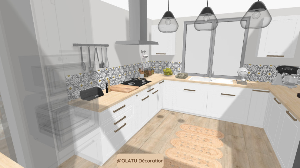 Idéer för att renovera ett nordiskt beige beige kök, med en undermonterad diskho, vita skåp, träbänkskiva, flerfärgad stänkskydd, stänkskydd i cementkakel, svarta vitvaror, laminatgolv och beiget golv