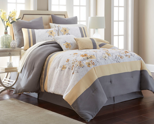 Candice 12Piece Comforter Set, Gray/Yellow, Queen Contemporary