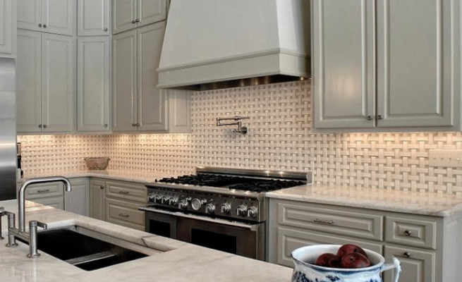 Kitchen - mid-sized transitional kitchen idea in Orange County with an undermount sink, gray cabinets, marble countertops, mosaic tile backsplash and stainless steel appliances