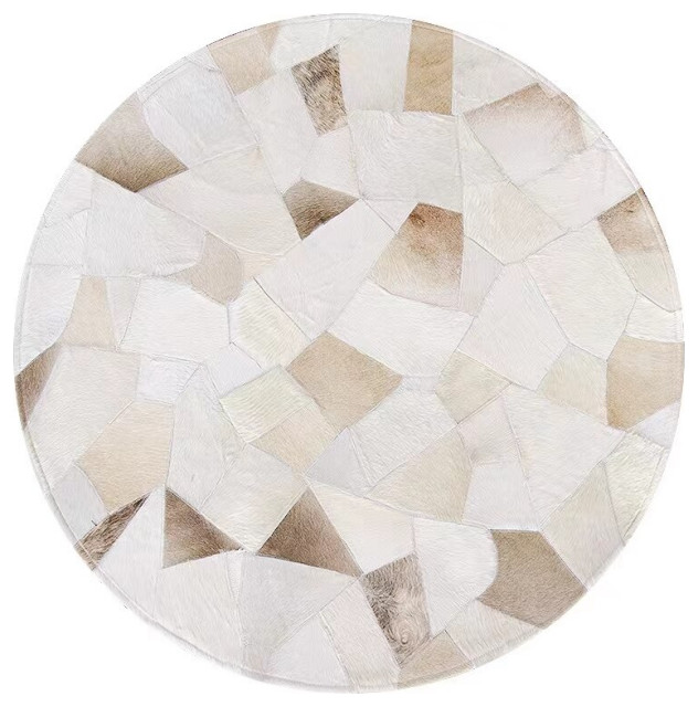 American style Round shaped handmade cowhide skin fur patchwork rug, 5'11"x5'11", 5