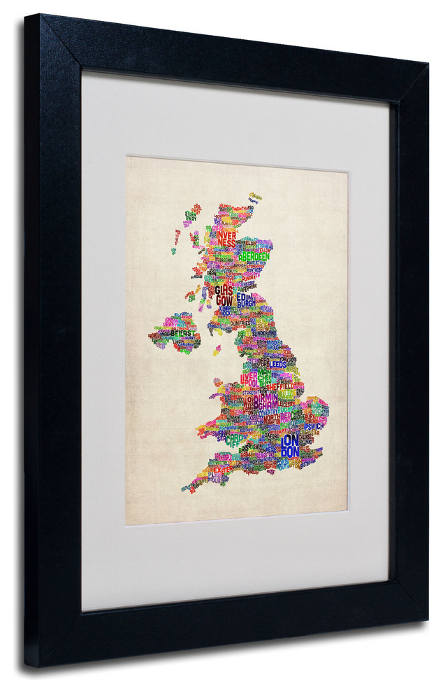 Uk Cities Text Map Matted Framed Canvas Art By Michael Tompsett Transitional Prints And Posters By Trademark Global