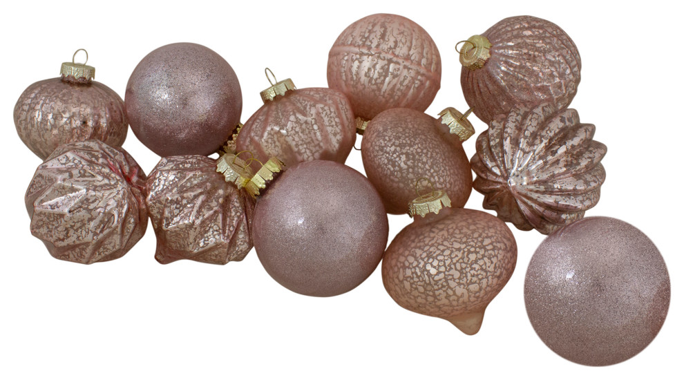 12Piece Blush Pink Finial and Glass Ball Christmas Ornaments Modern