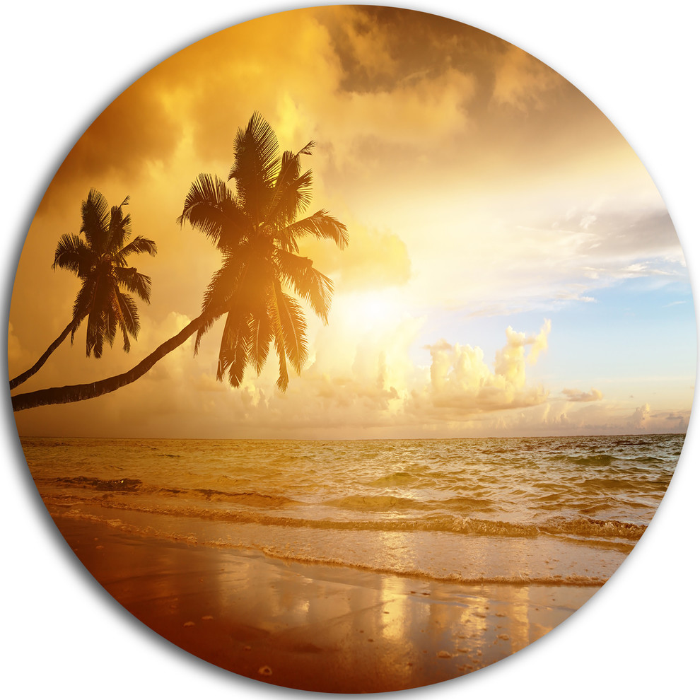 Beautiful Palms at the Caribbean Beach, Seascape Round Artwork, Disc of ...