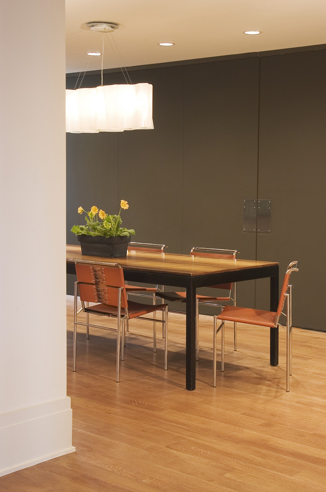 This is an example of a modern dining room in DC Metro with medium hardwood floors.