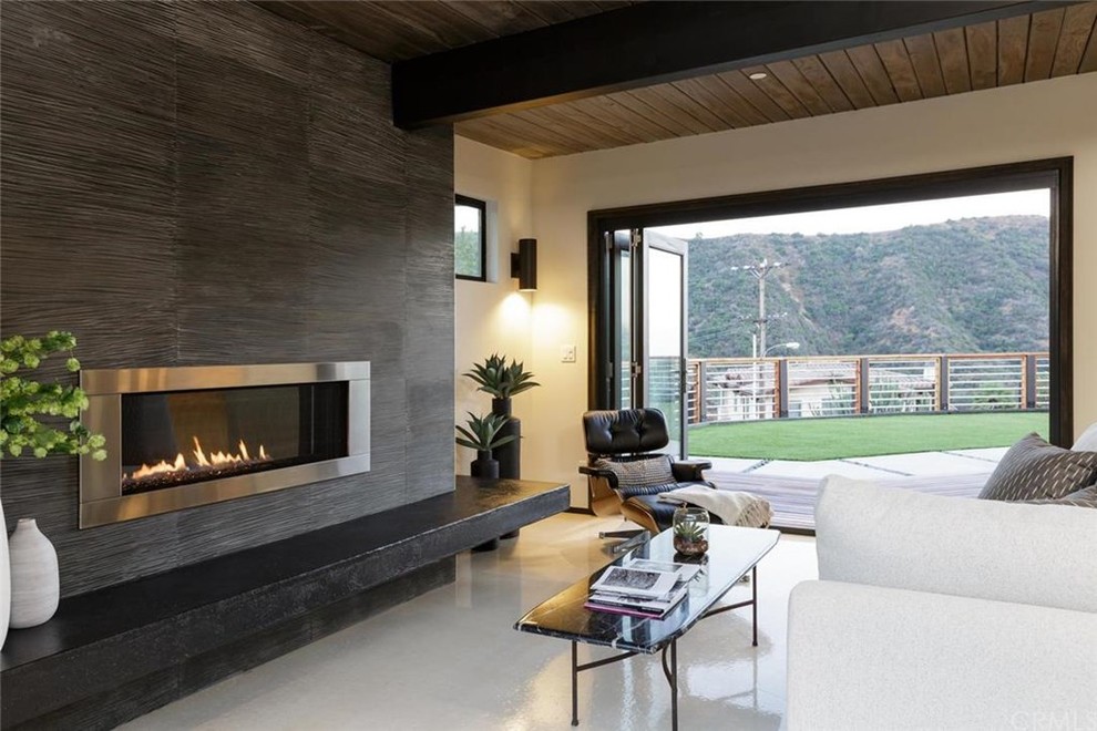 Design ideas for a mid-sized modern enclosed family room in Los Angeles with white walls, a ribbon fireplace, a metal fireplace surround, no tv and concrete floors.