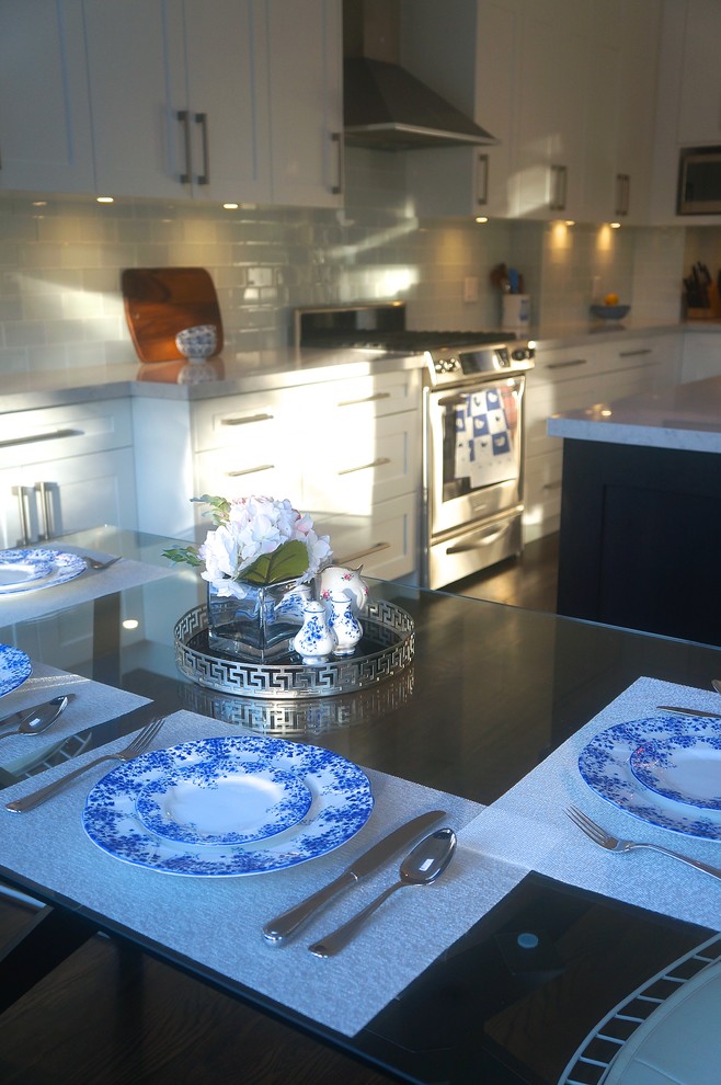 Kitchen - transitional galley dark wood floor kitchen idea in Toronto with an undermount sink, shaker cabinets, white cabinets, quartz countertops, blue backsplash, glass tile backsplash, stainless steel appliances and an island