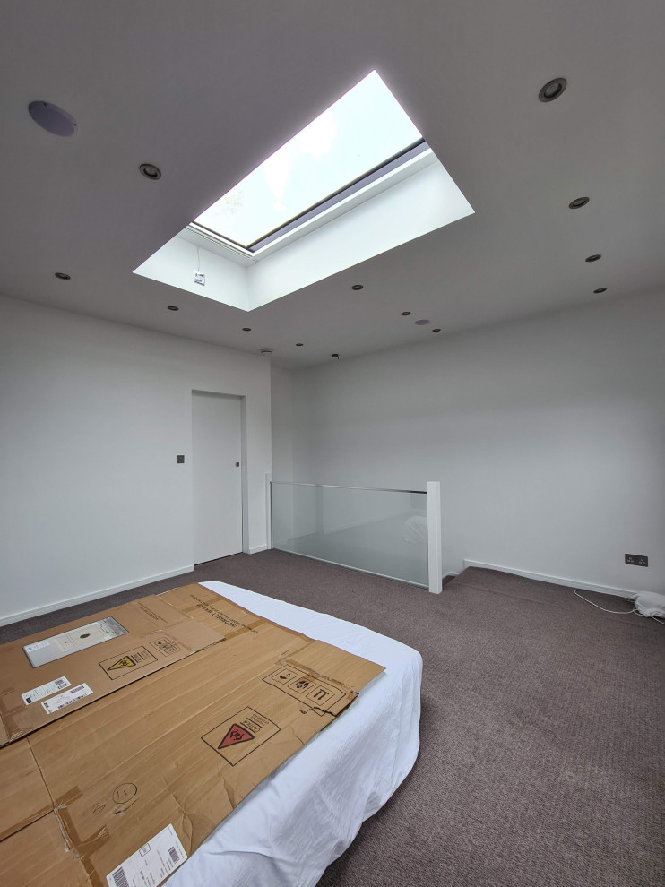 Idee per una camera matrimoniale minimalista di medie dimensioni con pareti bianche, moquette, pavimento beige e soffitto ribassato
