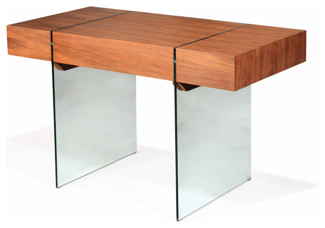 Walnut Desk With Glass Panel Legs, Glass Top Desk With Wooden Legs