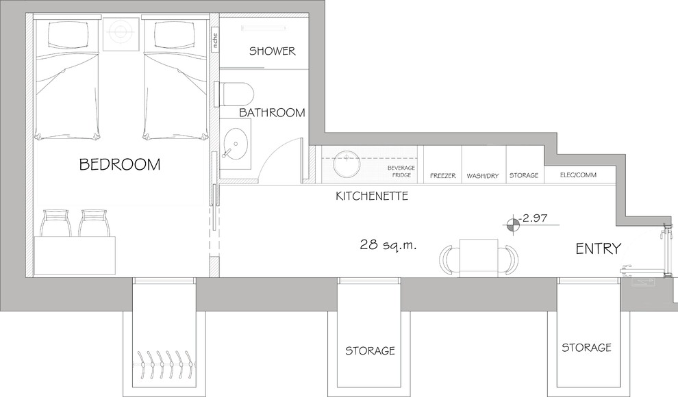 Basement - modern underground porcelain tile basement idea with gray walls