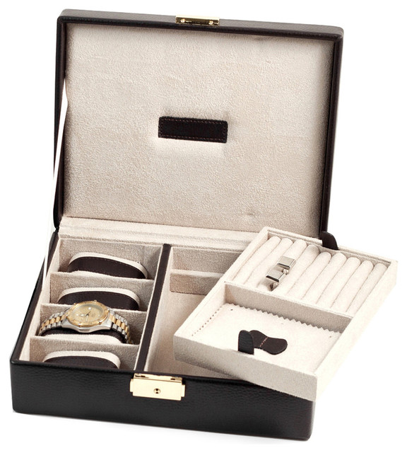 Brown Leather 4 Watch Case and Valet Contemporary Dresser Valets