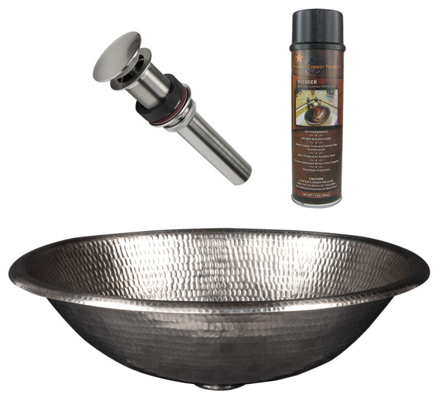 17" Oval Self Rimming Hammered Copper Bathroom Sink, Nickel, Drain