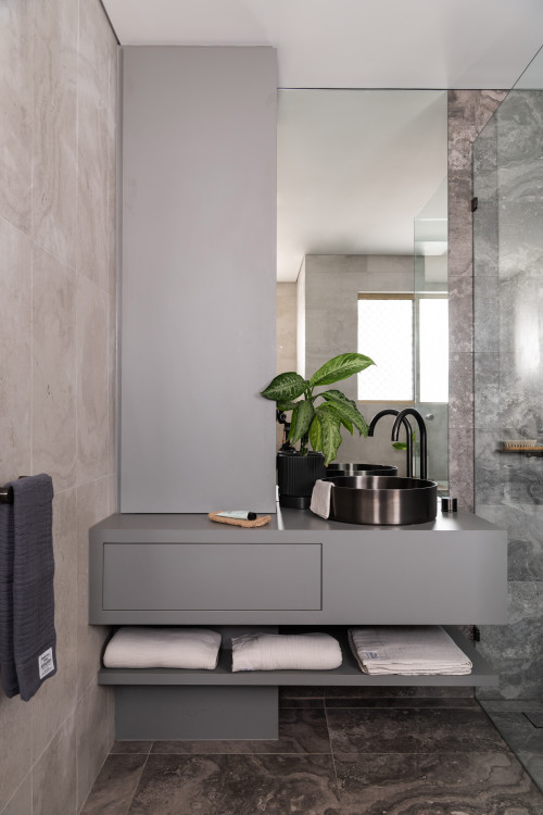 Frameless Mirrors and More: Beige Wall Tiles in Gray Bathroom Vanity Inspirations