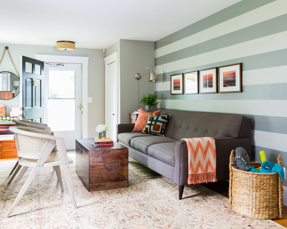 Inspiration for a transitional formal living room in Boston with multi-coloured walls.