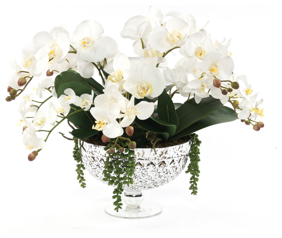 Faux White Orchid Arrangement in Antique Silver Glass Vase Modern