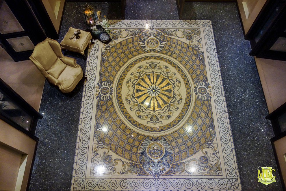 Example of a mid-sized transitional marble floor hallway design with beige walls