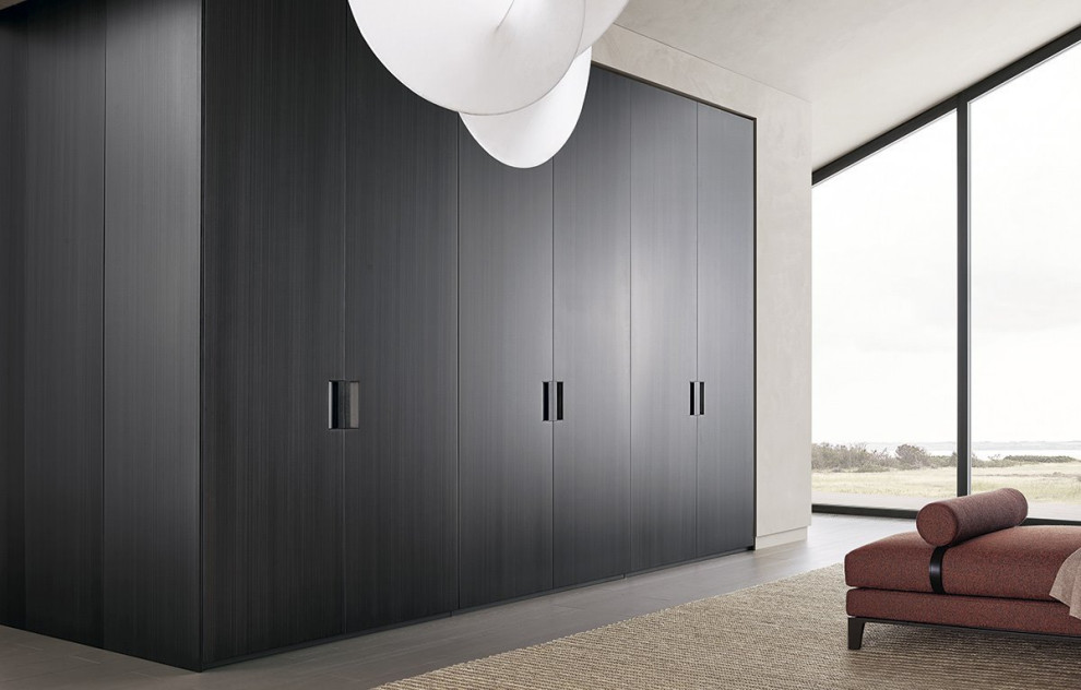 Свежая идея для дизайна: большой встроенный шкаф унисекс в современном стиле с плоскими фасадами, темными деревянными фасадами, темным паркетным полом и черным полом - отличное фото интерьера