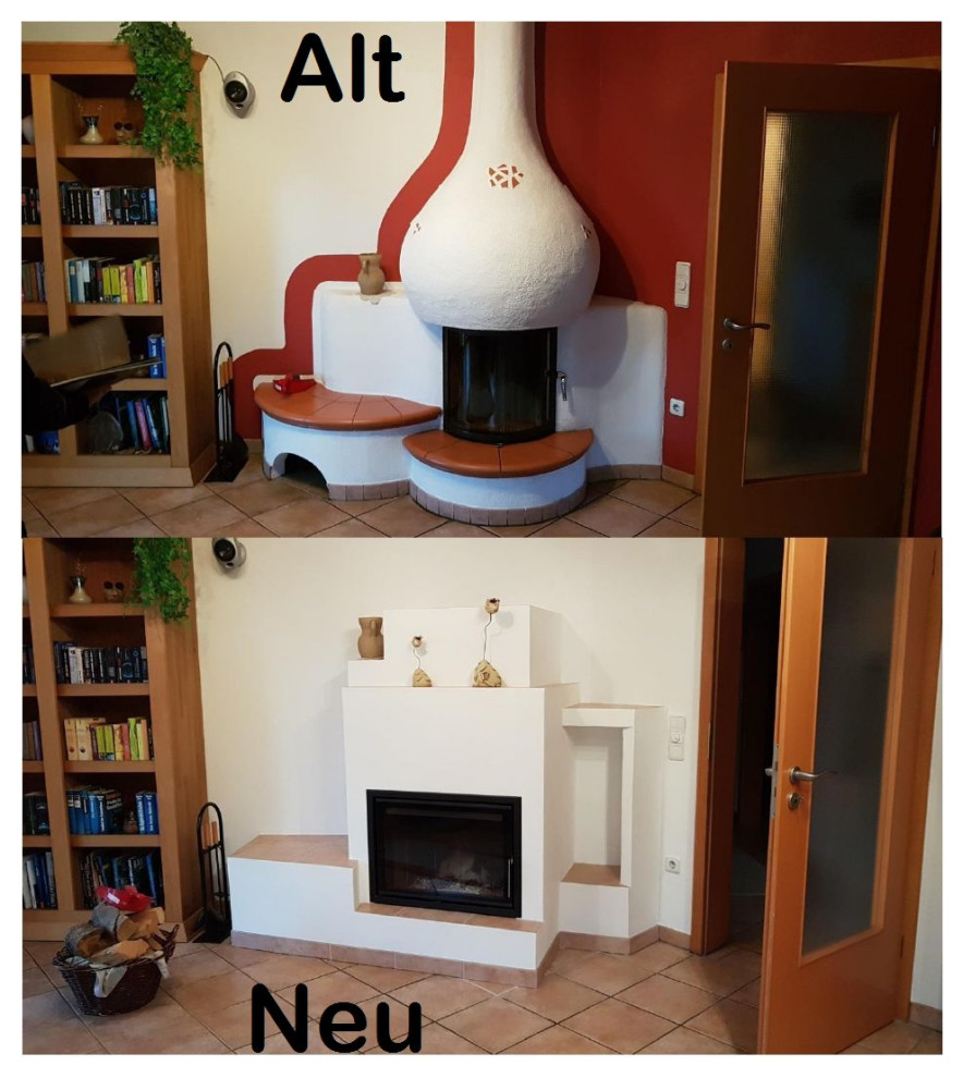 Mittelgroßes Modernes Wohnzimmer mit Kamin und verputzter Kaminumrandung in München