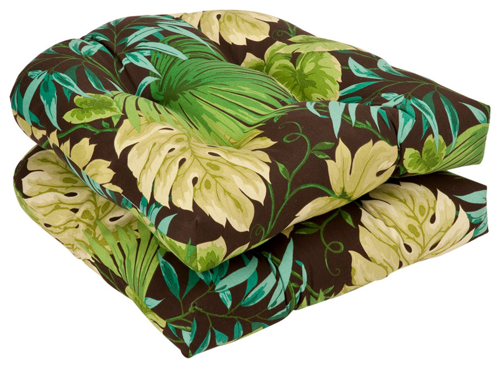 Tropique Green Wicker Seat Cushion, Set of 2 Tropical Outdoor Cushions And Pillows by