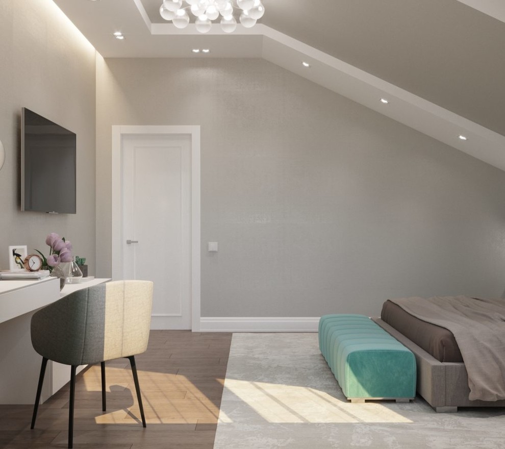 Спальня на мансарде в бирюзовых тонах