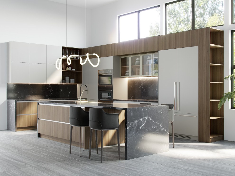 Photo of a large modern l-shaped eat-in kitchen in Miami with flat-panel cabinets, medium wood cabinets, quartz benchtops, black splashback, engineered quartz splashback, with island and black benchtop.