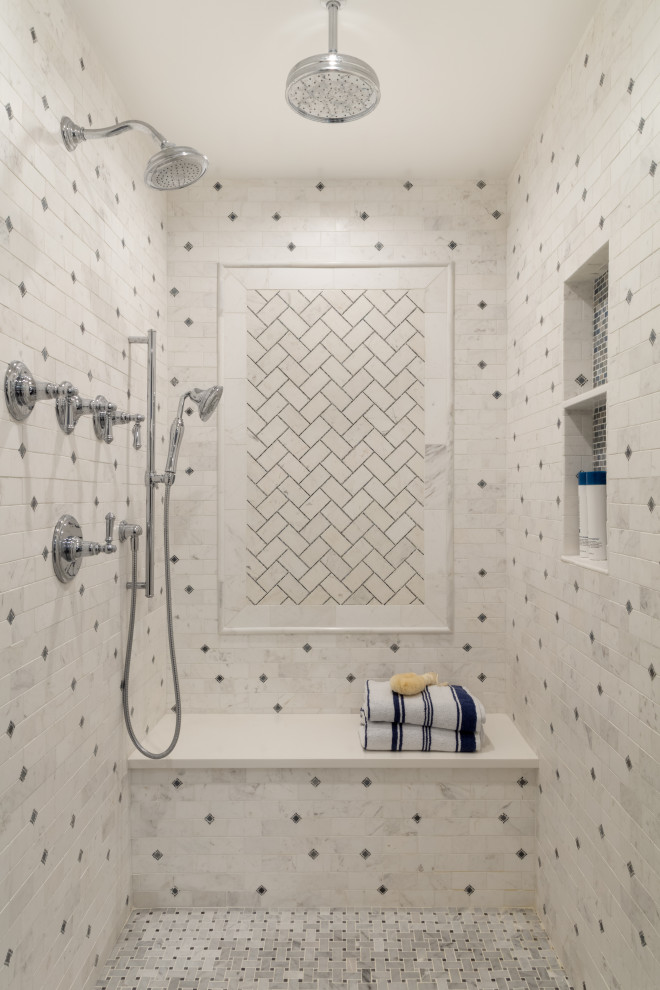 Inspiration for a large transitional master white tile and marble tile marble floor, white floor and double-sink bathroom remodel in New York with shaker cabinets, blue cabinets, a two-piece toilet, gray walls, an undermount sink, quartz countertops, white countertops and a built-in vanity