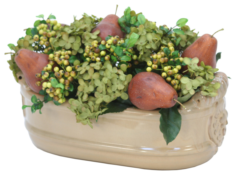 Green Hydrangea and Pears in Tan Planter