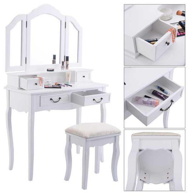 Tri Folding Mirror Wood Set Makeup Bathroom Table Dresser 4 Drawers Stool