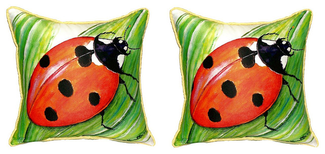 Pair of Betsy Drake Ladybug Small Pillows 12 Inch X 12 Inch