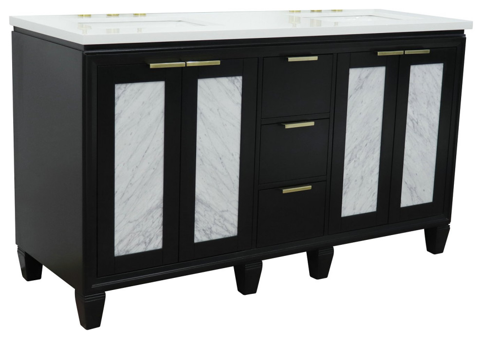 61" Double Sink Vanity, Black Finish With White Quartz And Rectangle