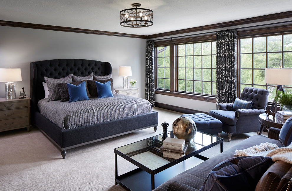 Inspiration for an expansive traditional guest bedroom in Minneapolis with grey walls, carpet, grey floor and no fireplace.