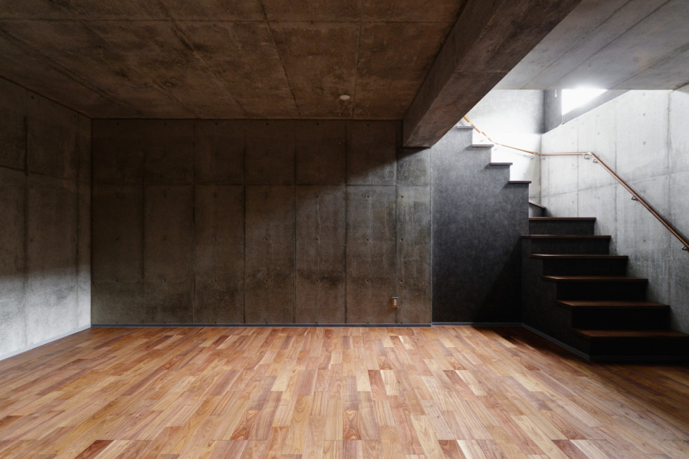 Design ideas for a modern fully buried basement in Tokyo Suburbs with plywood floors.