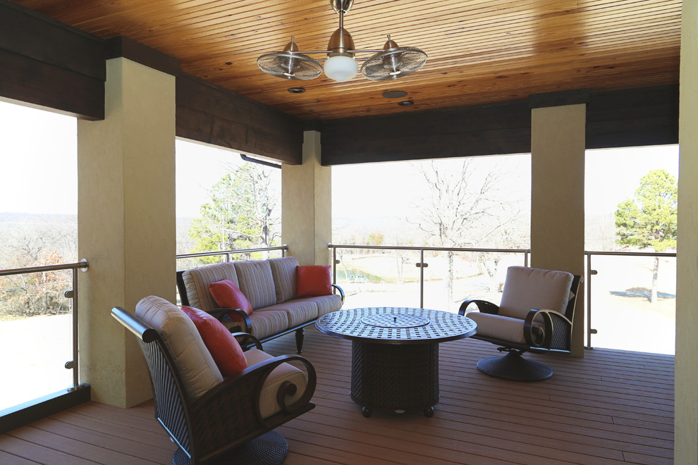 Lake House Dream - 2nd floor covered outdoor patio complete with fire pit, glass railing for unobstructed views, LED lighting, multiple fans and in-ceiling speakers.