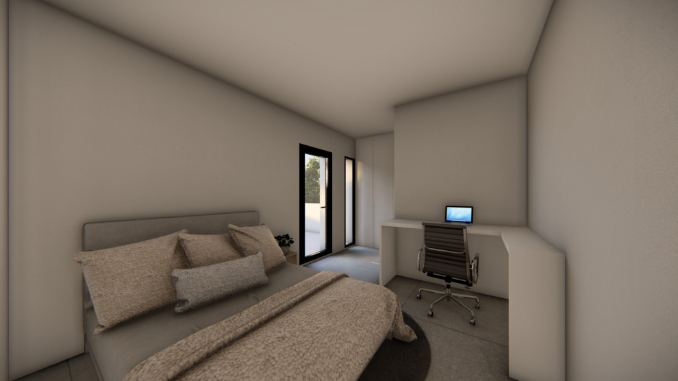 Imagen de dormitorio contemporáneo de tamaño medio con con escritorio