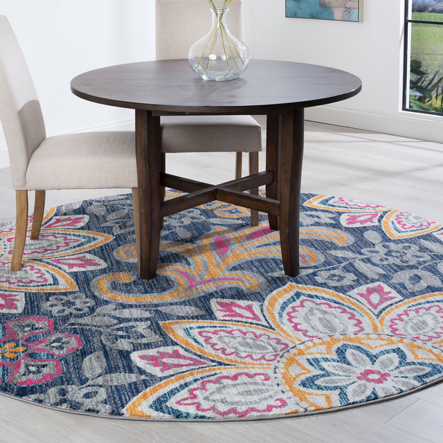 Bryne Transitional Floral Pink Round Area Rug, 8' Round