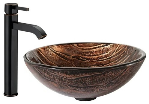 Above Counter Bathroom Sink & Faucet, Patterned Brown Vessel, Oil Rubbed Bronze