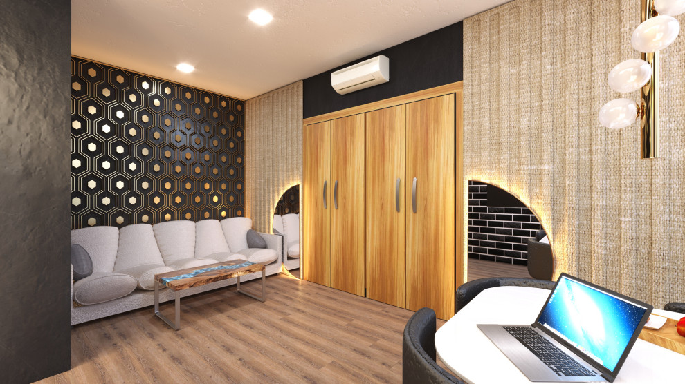Modernes Hauptschlafzimmer mit schwarzer Wandfarbe, Sperrholzboden, Eckkamin, Kaminumrandung aus Stein, buntem Boden, Tapetendecke und Wandpaneelen in Sonstige