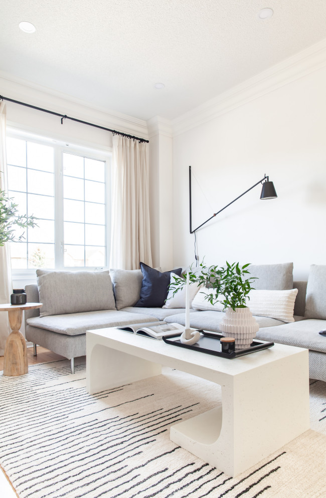 Photo of a mid-sized scandinavian living room in Toronto with white walls and light hardwood floors.