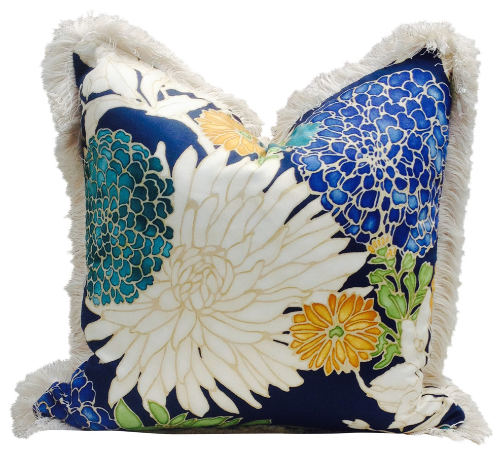 Flower Print Pillow Cover With Pearl Fringe, 12"x20"