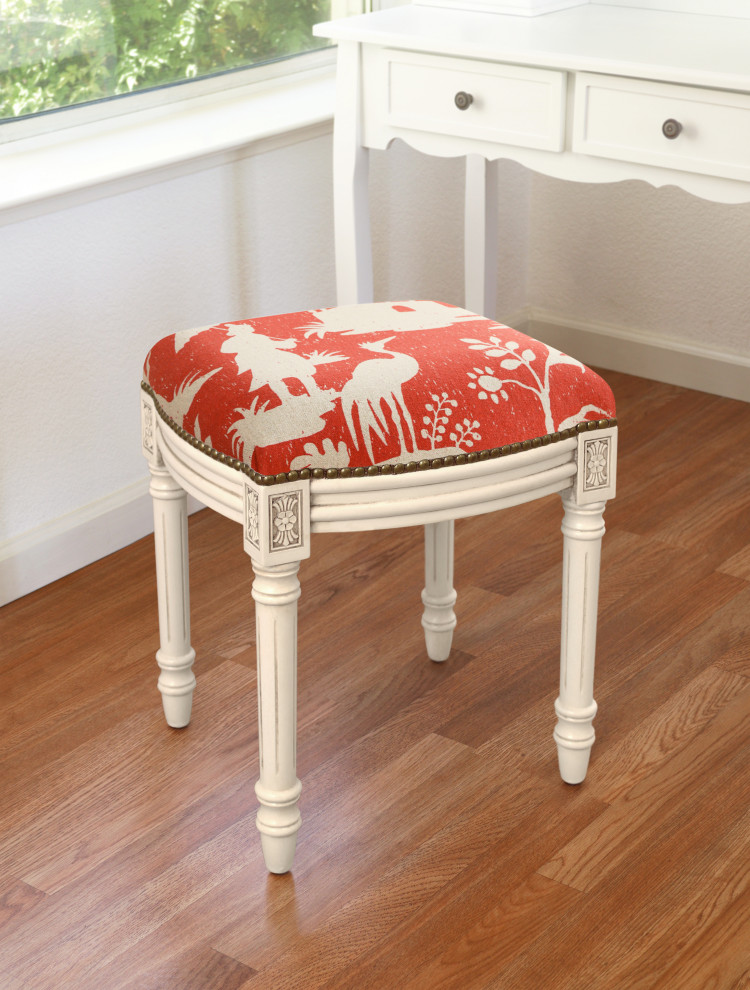 Chinoiserie Linen Upholstered Vanity Stool With Nailheads, Coral Red