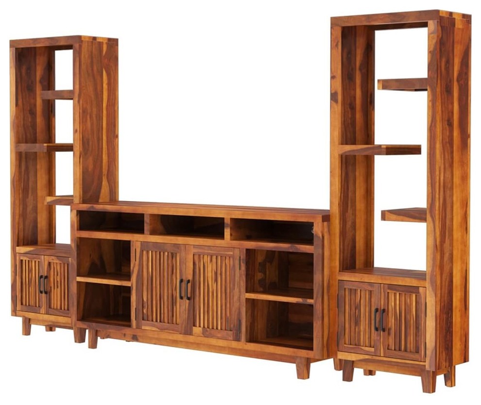 Fowlerton Solid Wood Entertainment Center with Bookshelves Rustic Entertainment Centers And