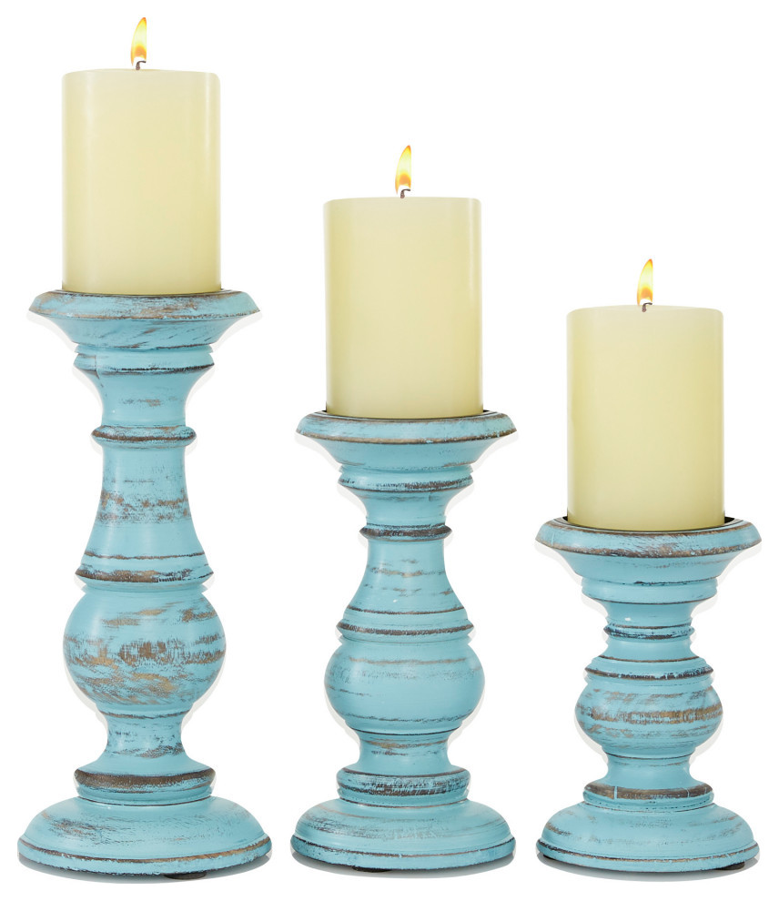 Traditional Light Blue Mango Wood Candle Holder Set 51321