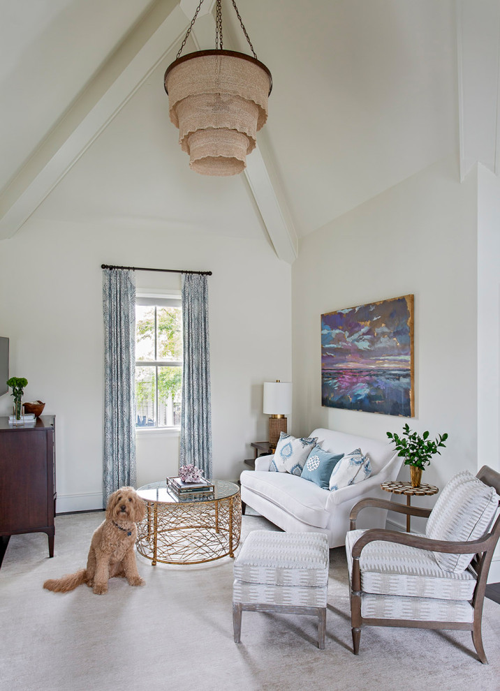 Design ideas for a transitional open concept family room in Charleston with white walls, dark hardwood floors, a wall-mounted tv and brown floor.