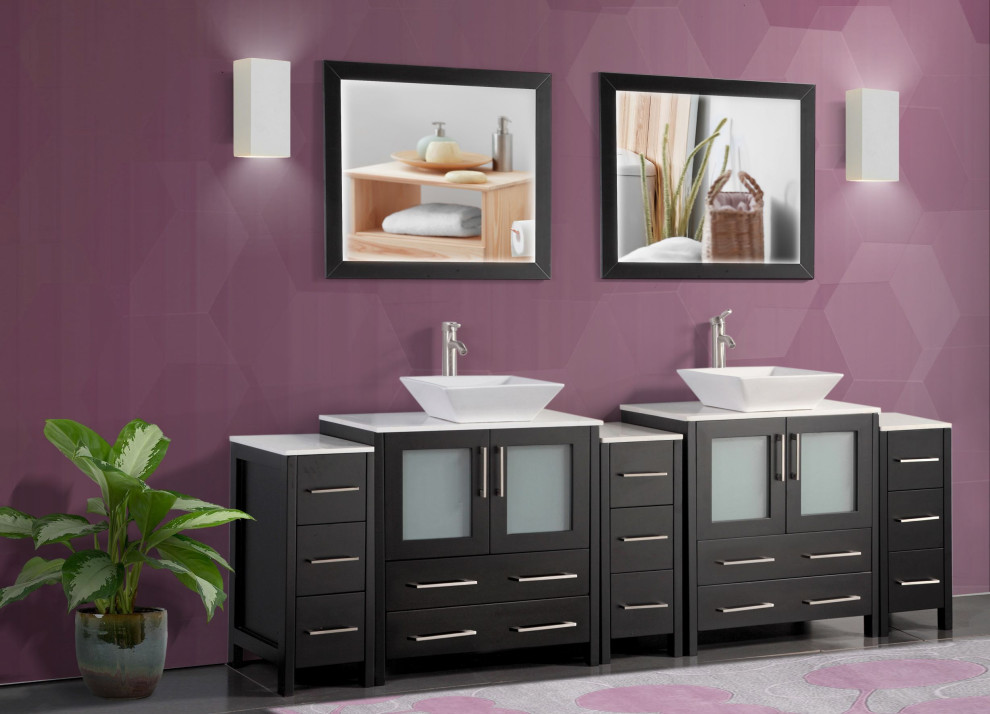 Design ideas for a large bathroom in Sacramento with all styles of cabinet, black cabinets, all types of toilet, a vessel sink, white worktops, double sinks and a freestanding vanity unit.