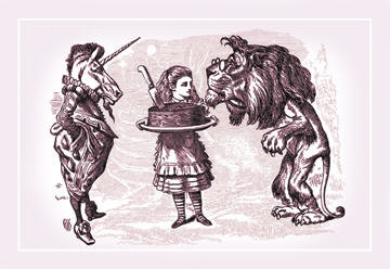 Through the Looking Glass: Alice Lion Unicorn and Cake 28x42 Giclee on Canvas