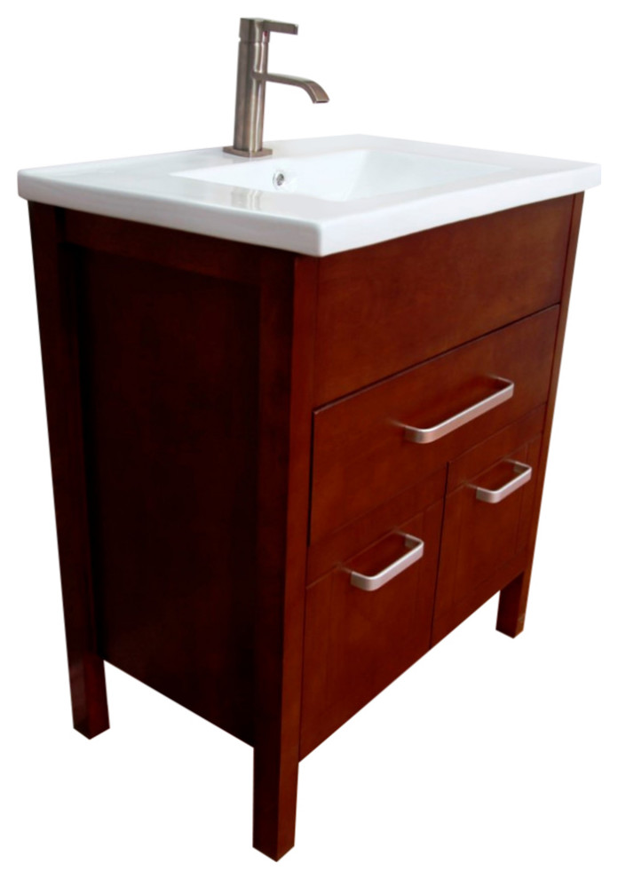 29.9" Single Sink Vanity, Wood, Walnut Finish Transitional Bathroom Vanities And Sink