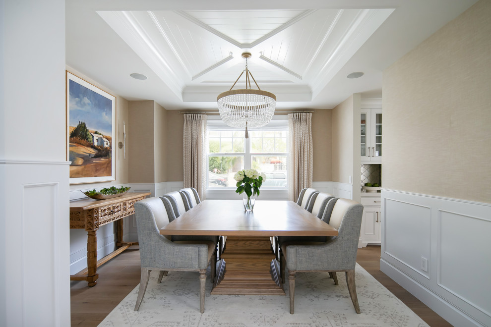 Photo of a transitional separate dining room in Los Angeles with beige walls, medium hardwood floors, no fireplace, brown floor, coffered, recessed, panelled walls and wallpaper.
