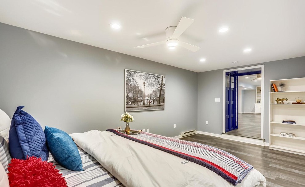 Basement - large transitional walk-out vinyl floor basement idea in DC Metro with gray walls